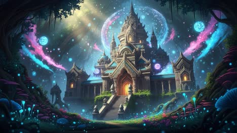 a majestic fantasy castle amidst enchanting landscapes, surrounded by mystical phenomena and vibrant flora, illuminated by ethereal lights and cosmic elements
