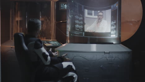 futuristic video conference in a sci-fi lab