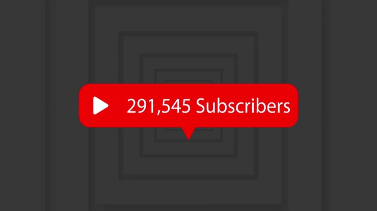 Play icon with increasing subscribers against concentric squares on grey background