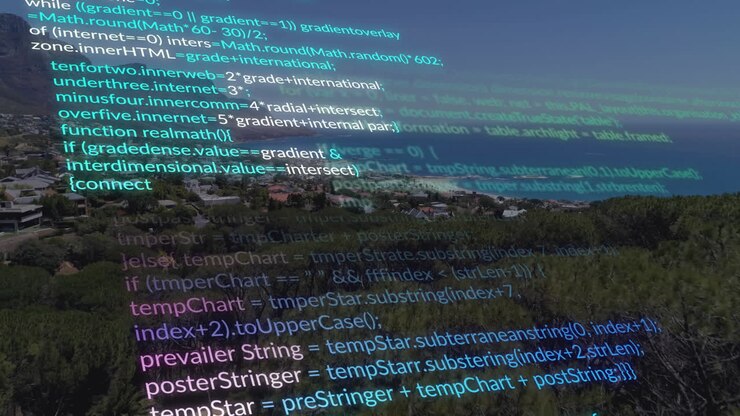 Aerial view of coastal landscape with animated computer code overlay