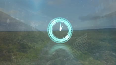 animación de reloj en movimiento y procesamiento de datos sobre el paisaje