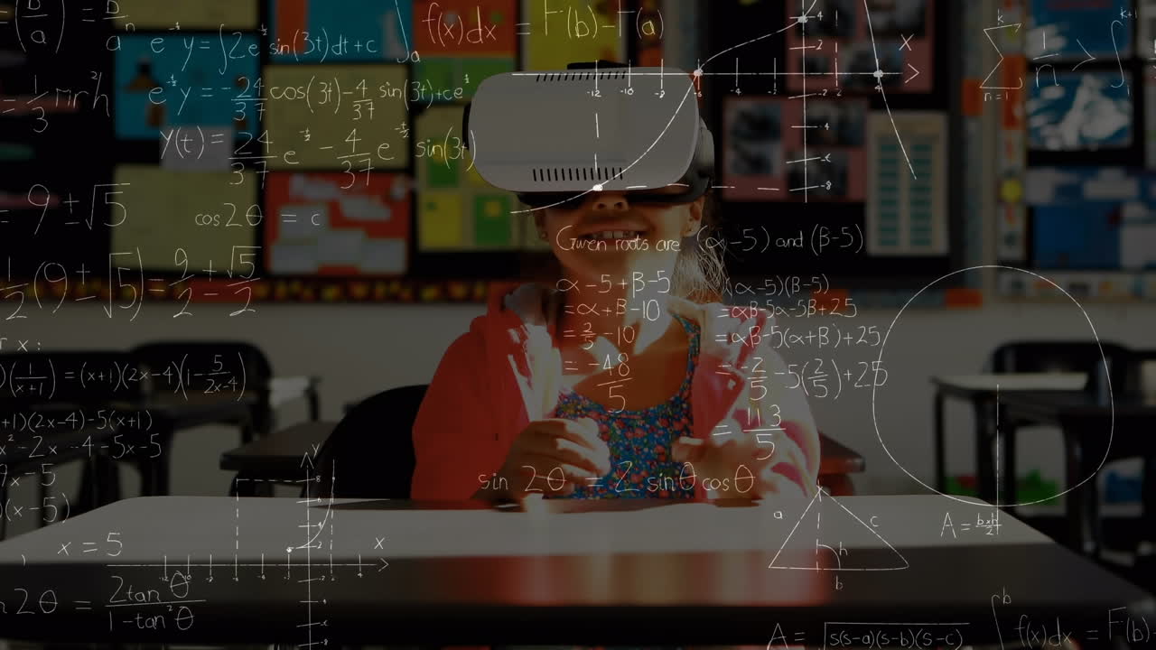 Animation of mathematical formulas over schoolgirl using vr headset