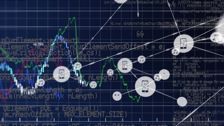 Animation of connections with icons and data processing over dark background