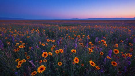 vibrant wildflower meadow at dusk with a colorful display of sunflowers and purple blooms stretching to the horizon under a soft evening sky