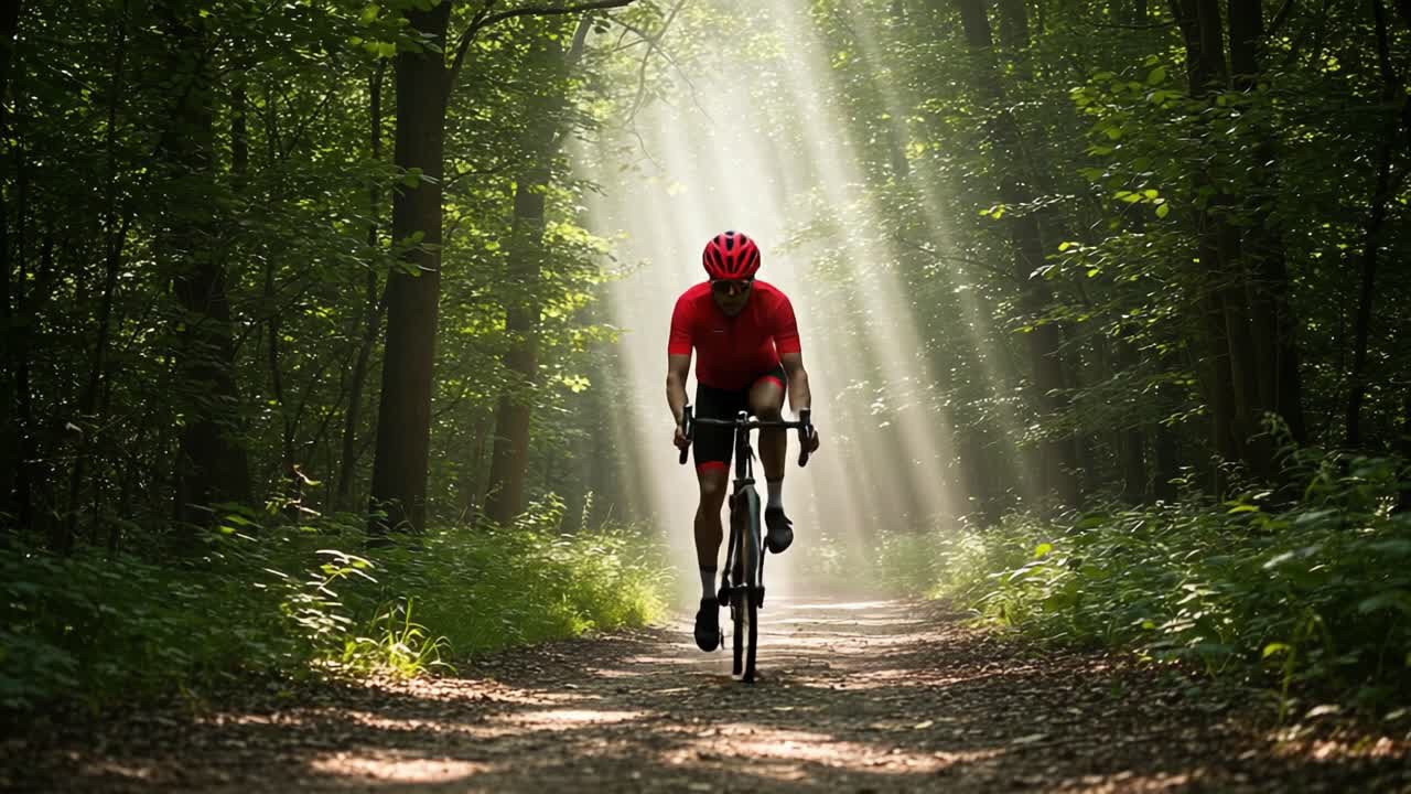 A Cyclist Pedals Through a Sunlit Forest Trail, Bathed in Natural Light as Rays Shine Through the Trees, Creating a Serene and Invigorating Atmosphere for Outdoor Adventure