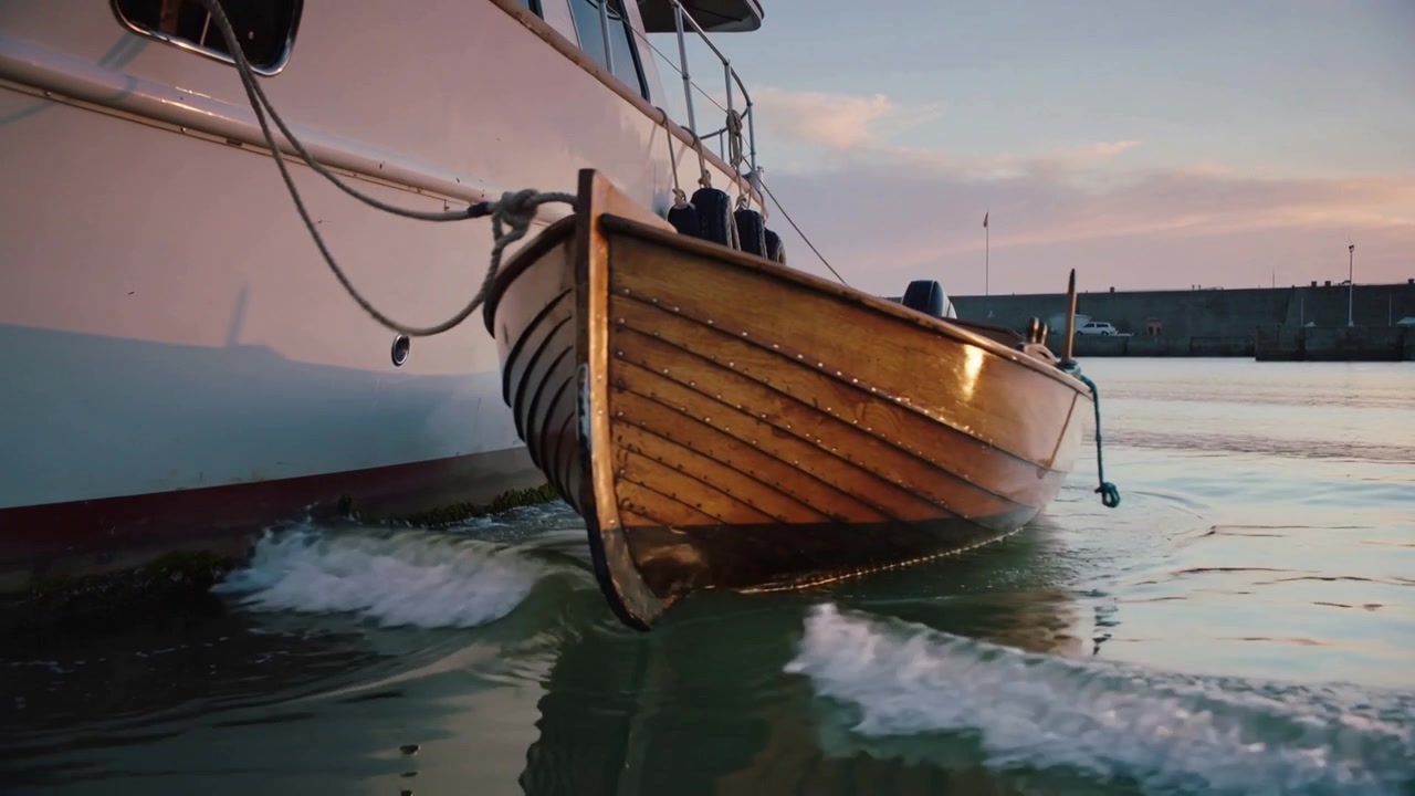 Un gommone verniciato che ondeggia rispondendo alla scia crescente e alla brezza al tramonto nel porto, vicino a uno scafo bianco.