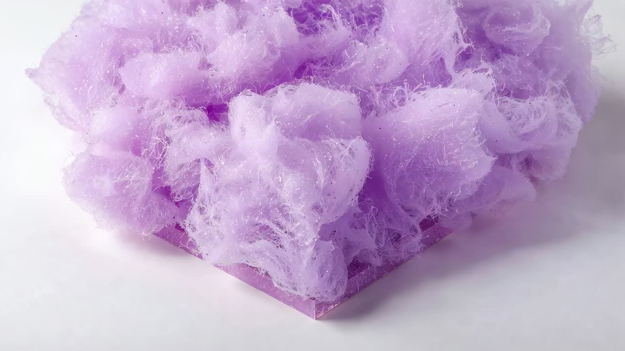 Pulling back, camera revealing pale purple fluff on white tabletop, showing small purple base