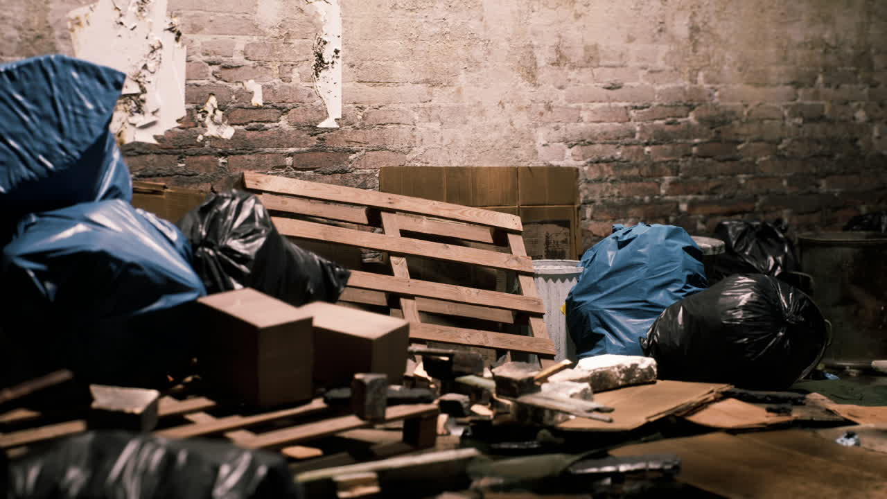 쓰레기 봉투, 팔레트, 희미한 빛 속에 어져 있는 잔해로 비는 지하실