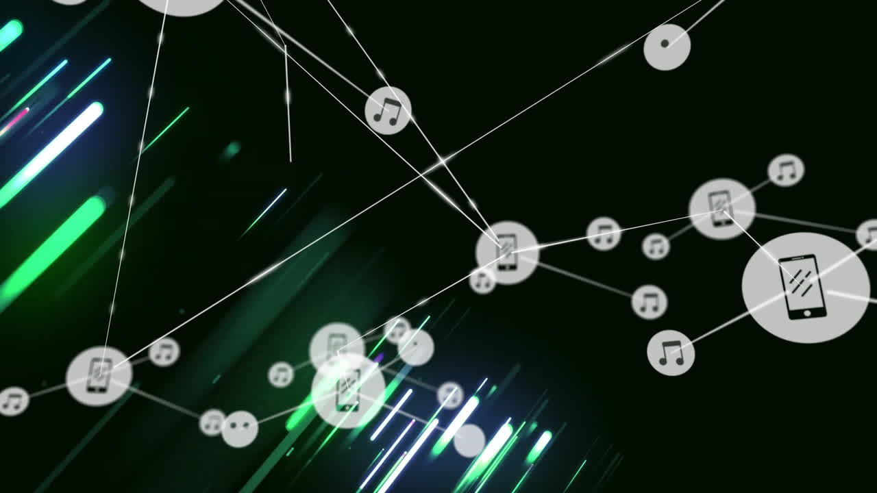 Animation of music and technology icons connecting on abstract green background
