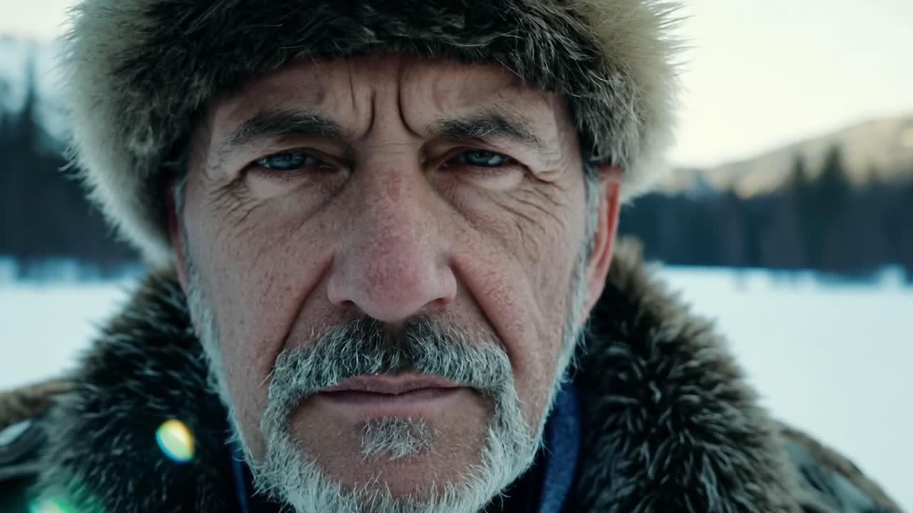 retrato de cerca de un anciano con un sombrero de piel y barba, en una escena de invierno nevado