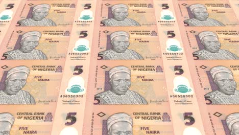 serie de billetes de cinco nairas nigerianas del banco central de nigeria rodando en la pantalla, monedas del mundo, dinero en efectivo, bucle