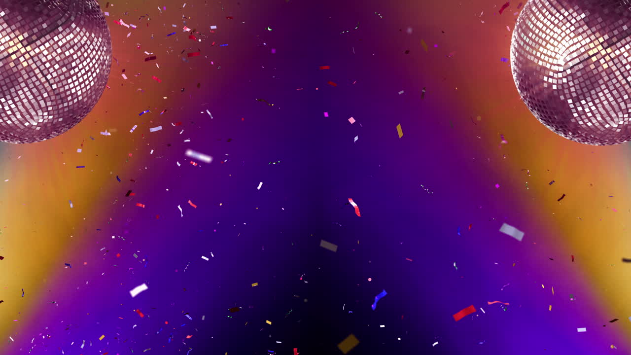 Bolas de Discoteca Animadas e Confete Caindo em Fundo de Festa.