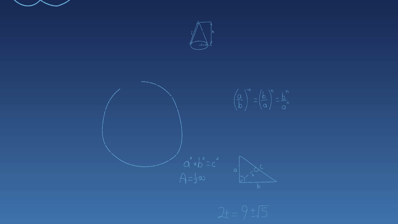 파란색 그라디엔트 배경에 떠다니는 수학 방정식과 공식의 애니메이션
