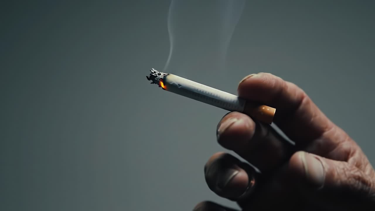 A Close-Up of a Hand Holding a Cigarette, Showcasing the Glowing Ember and Wisps of Smoke Against a Minimalist Background