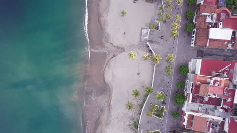 vista del cenit de puerto vallarta: mar tranquilo, cálida playa de arena y icónico paseo marítimo - video aéreo de dron