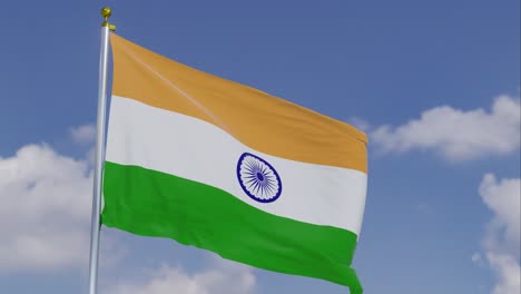 Flag-Of-India-Moving-In-The-Wind-With-A-Clear-Blue-Sky-In-The-Background,-Clouds-Slowly-Moving,-Flagpole,-Slow-Motion