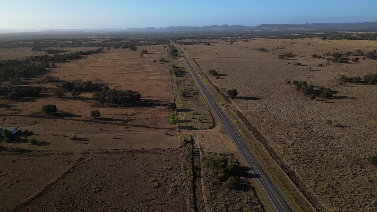 Aerial views over farmland in inland Central Queensland, Australia.