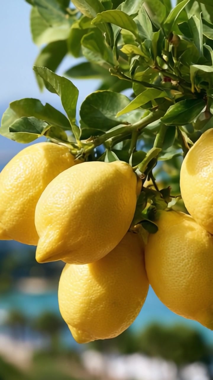 Un grappolo di limoni maturi appesi a un ramo d'albero verde vibrante, che si affaccia su uno sfondo panoramico di acqua blu e fogliame lussureggiante.