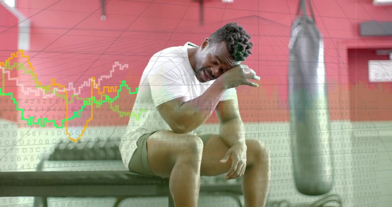 Man resting after workout set on bench, animated fitness charts moving over him signaling fatigue