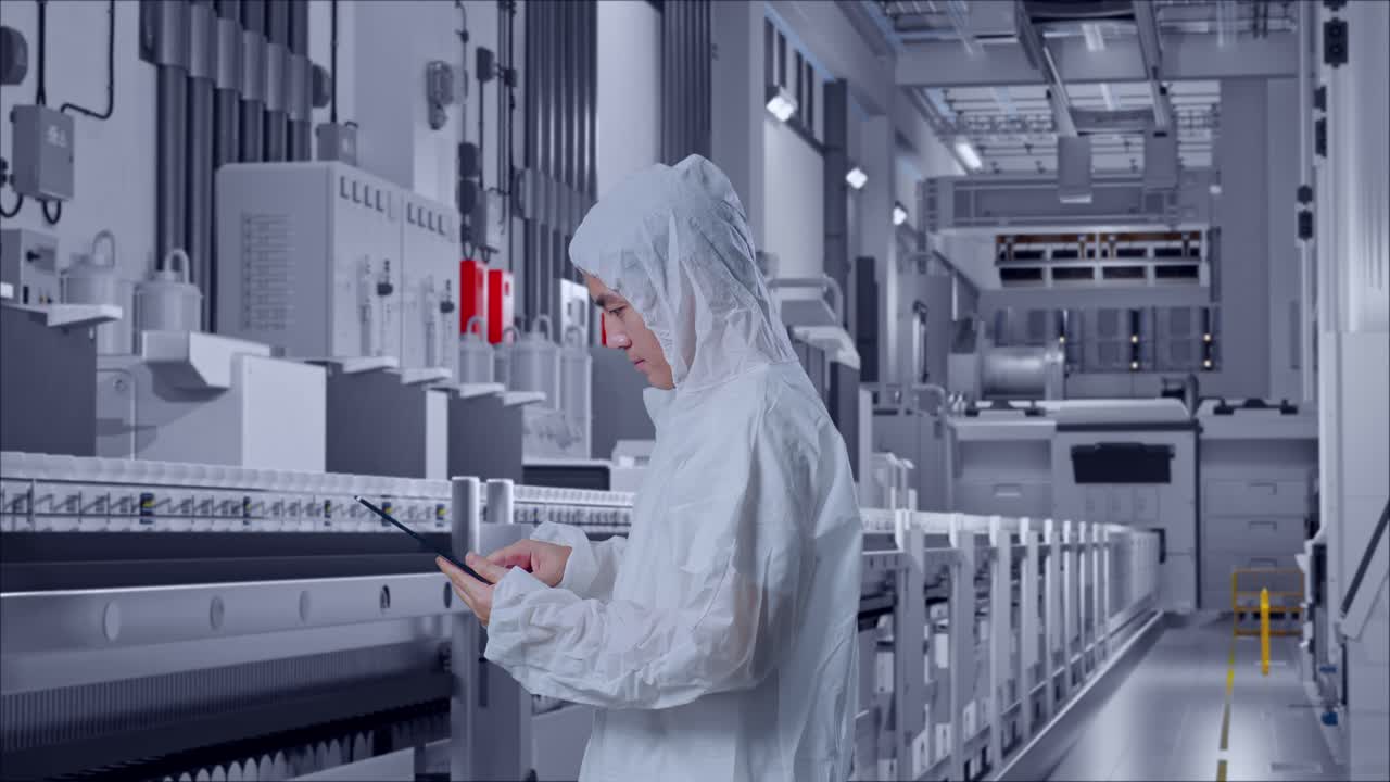 Side View Of Asian Male Scientist Using A Tablet While Standing At Pharmaceutical Factory, Vaccine Production Facility