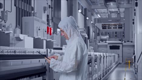 side view of asian male scientist using a tablet while standing at pharmaceutical factory, vaccine production facility