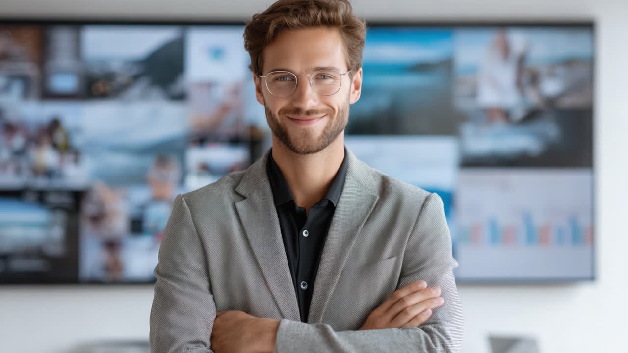 Confident Professional Individual in Business Attire Exhibiting Assurance and Engagement Within a Modern Office Environment Featuring Digital Displays