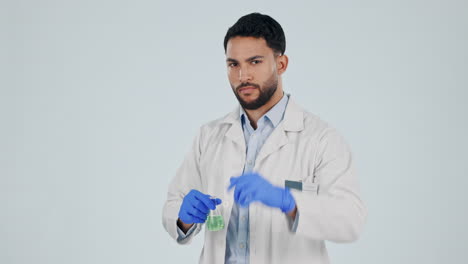 investigación, pulgares hacia abajo y química con el hombre