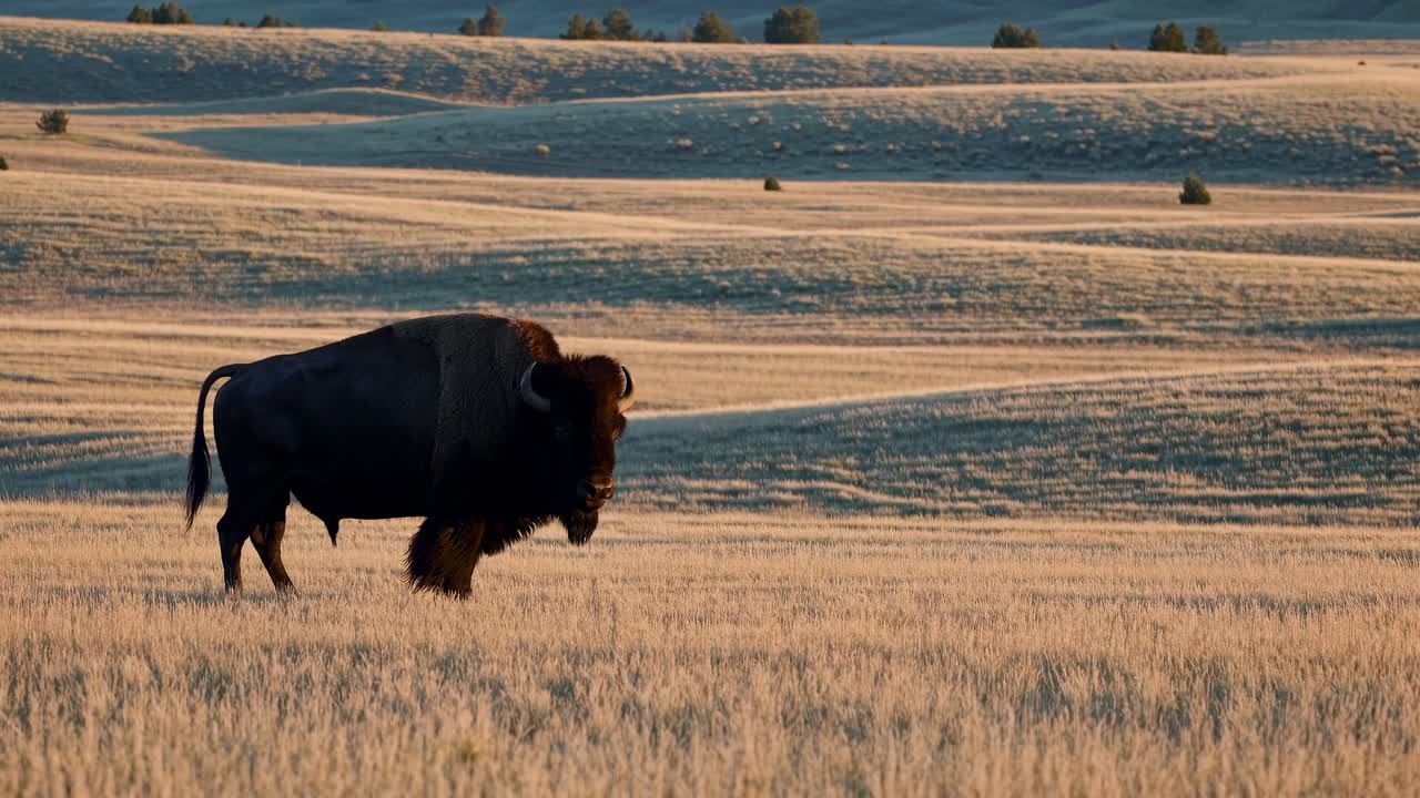 Majestic bison in a vast prairie landscape, captured at eye level
