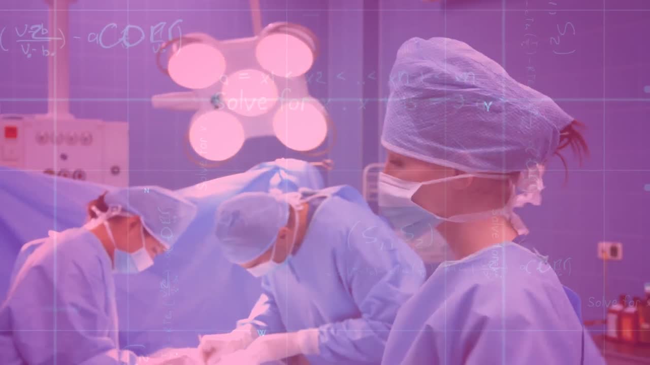 수술실에서 백인 외과 의사에 대한 재무 데이터 처리의 애니메이션