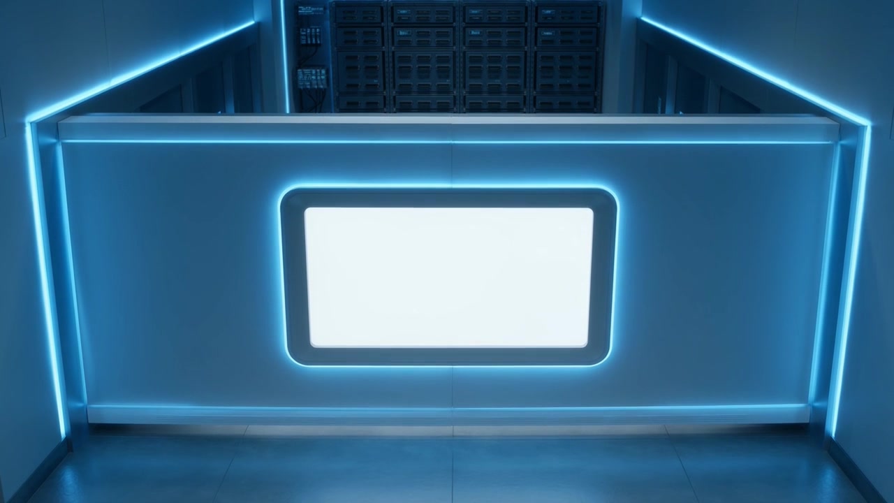 Moderne serverrum med glødende blå LED-belysning og blank skærm