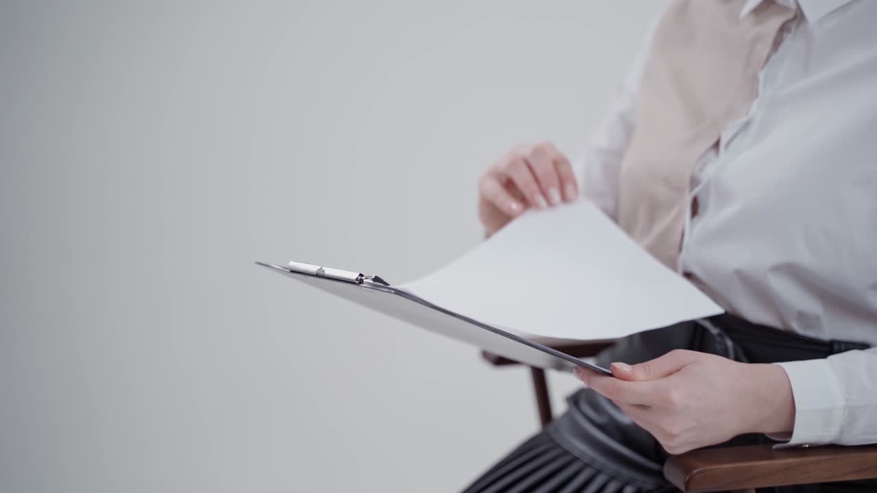 Folder with papers in woman's hands. Businesswoman in white blouse sitting in the chair and reading. Close-up. Slow motion.
