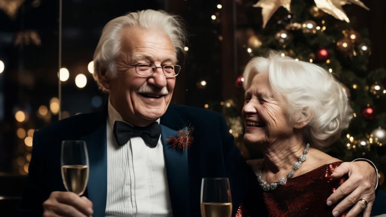 Cheerful elderly couple laughing and toasting with champagne flutes in front of a beautifully decorated Christmas tree, joyfully celebrating the holiday season together