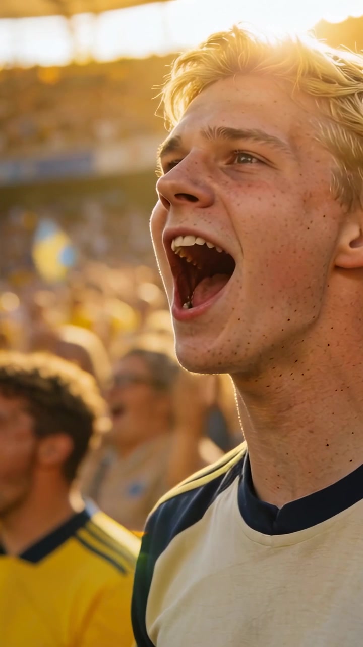Video verticale: Tifoso biondo che urla dopo un'azione di gioco allo stadio, con una maglietta color crema e maglie gialle.