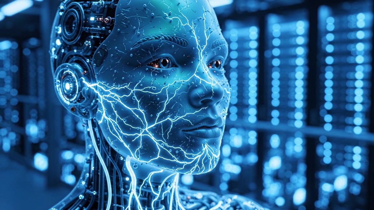 Futuristic robotic face technology in a high-tech environment showcasing intricate circuitry and glowing blue lights, symbolizing advanced artificial intelligence.