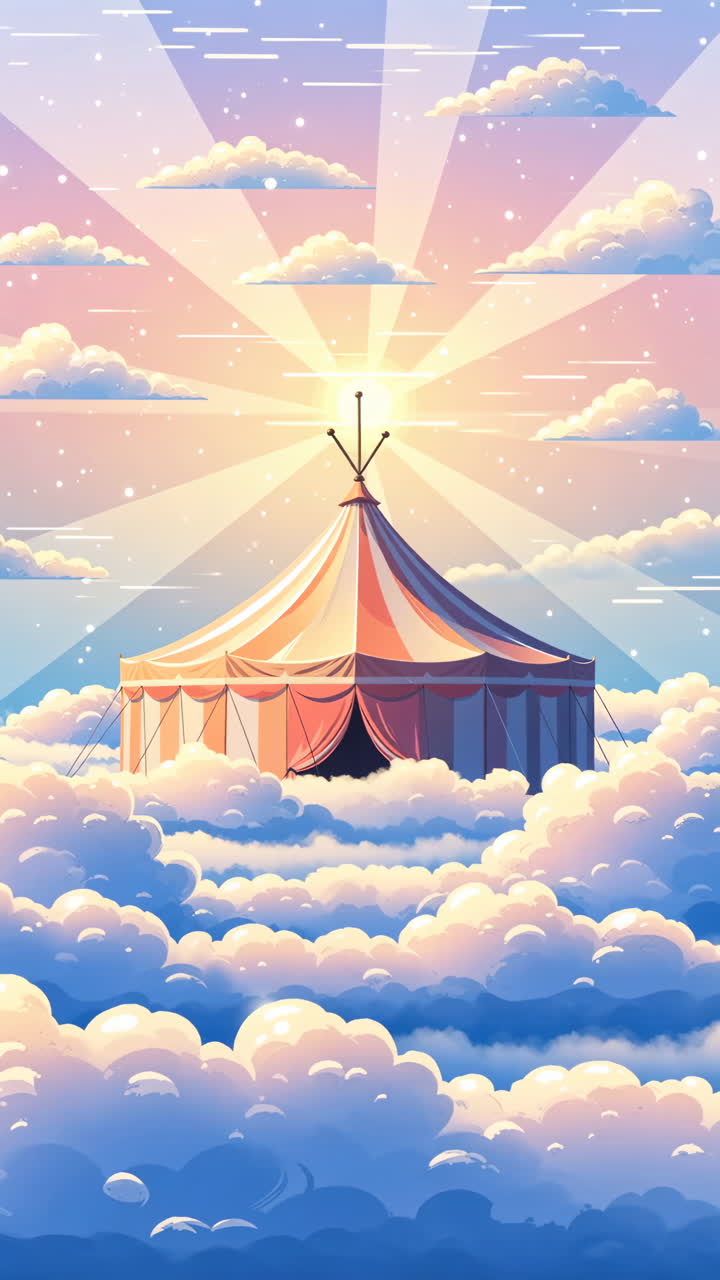 Dreamlike Circus Tent Floating on Clouds with Sunbeams