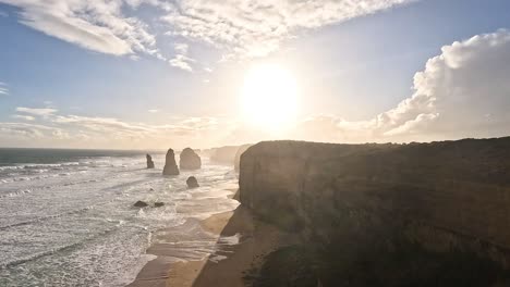 sunset view of ocean cliffs and rock formations