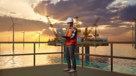 full body side view of asian male engineer with safety helmet working on a laptop while standing with offshore hydrogen production