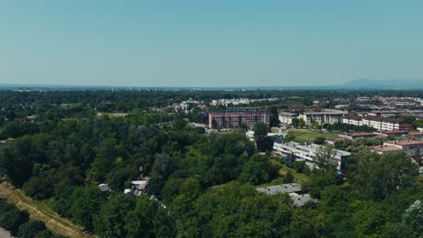 lush jarun and zagreb skyline over sava river valley in bright summer sunlight