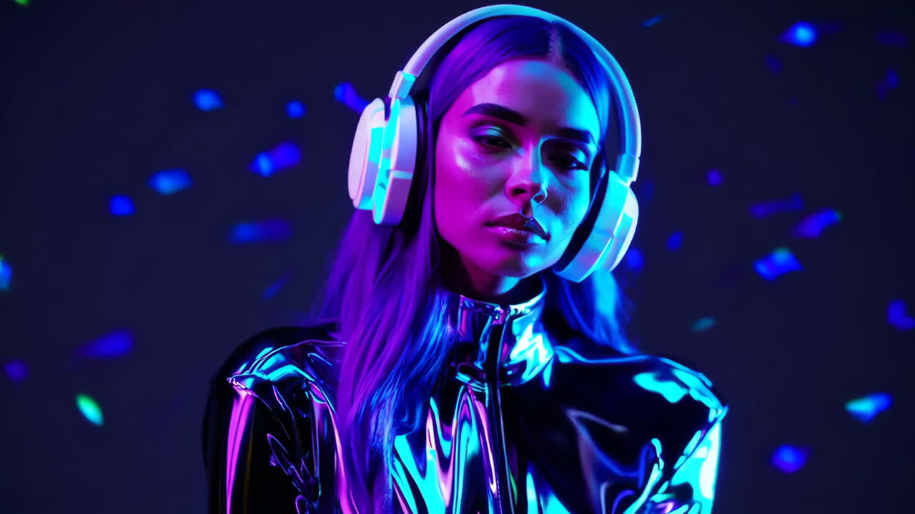 Woman with Headphones in Neon Cyberpunk Lighting