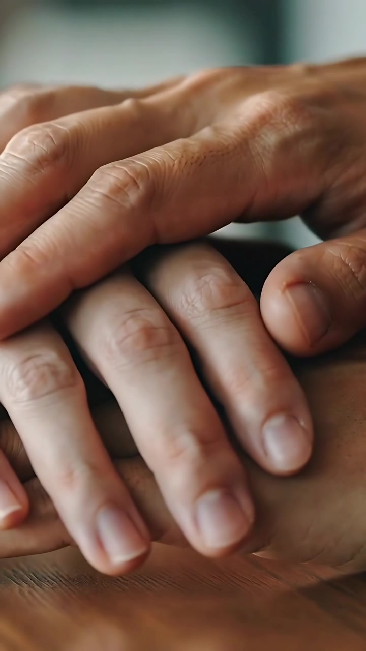 Vertical video: Approaching adult hand placing across senior hand on wooden table, offering support