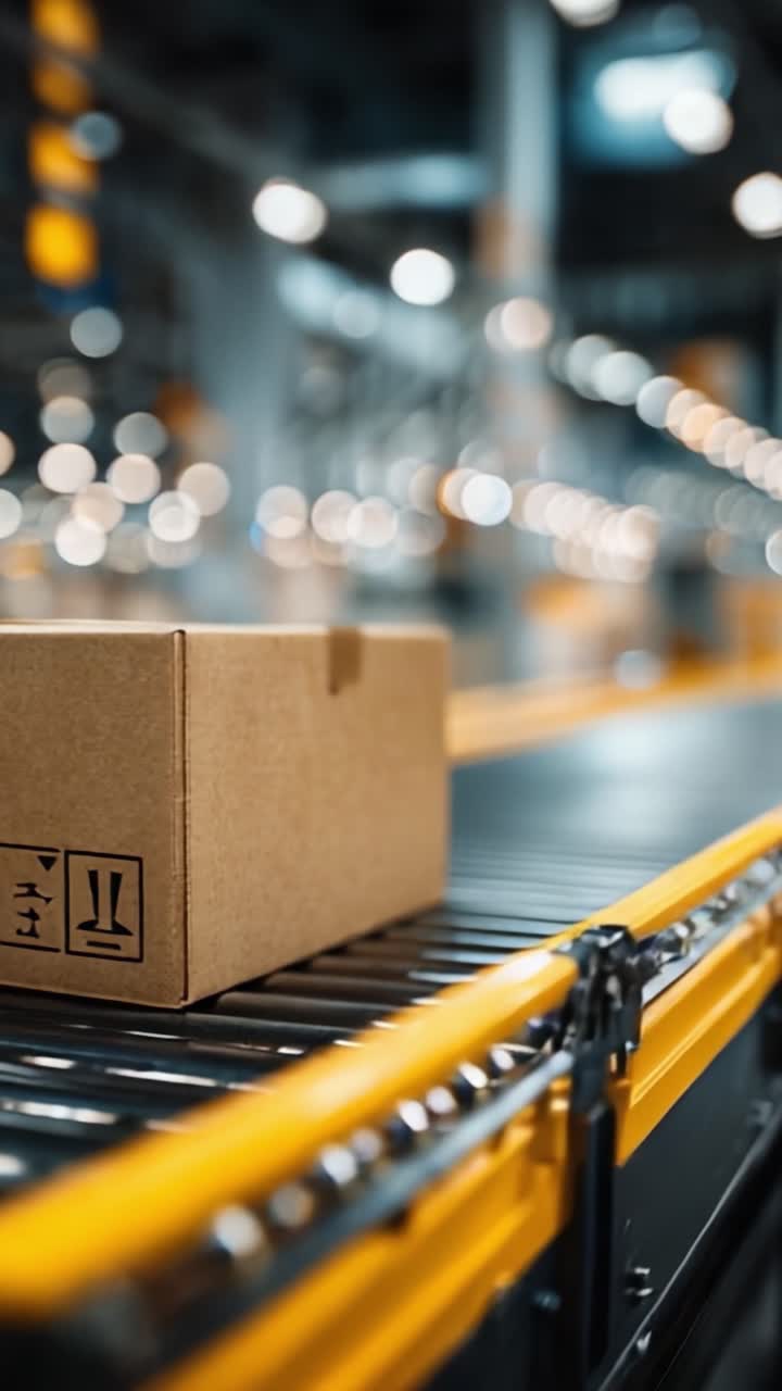 A close-up view of a cardboard box on a conveyor belt in a warehouse, showcasing logistics, automation, and the flow of goods in a busy distribution environment