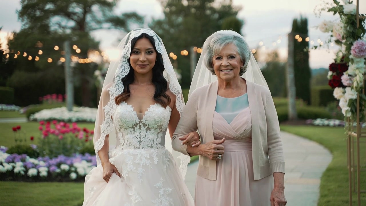 Walking bride and senior arm-in-arm down garden aisle toward ceremony, lace gown and pink dress