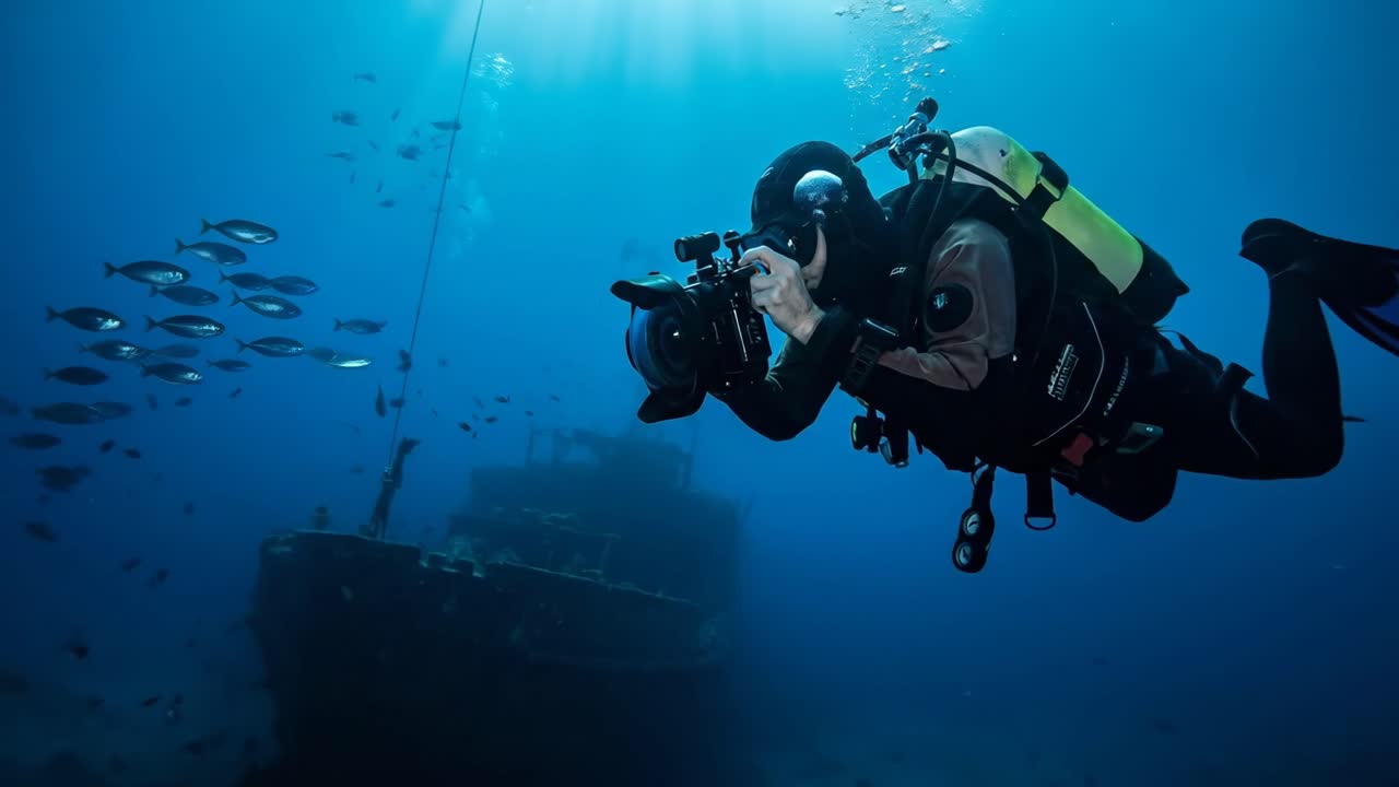 Scuba Diver Filming a Shipwreck with an Underwater Camera