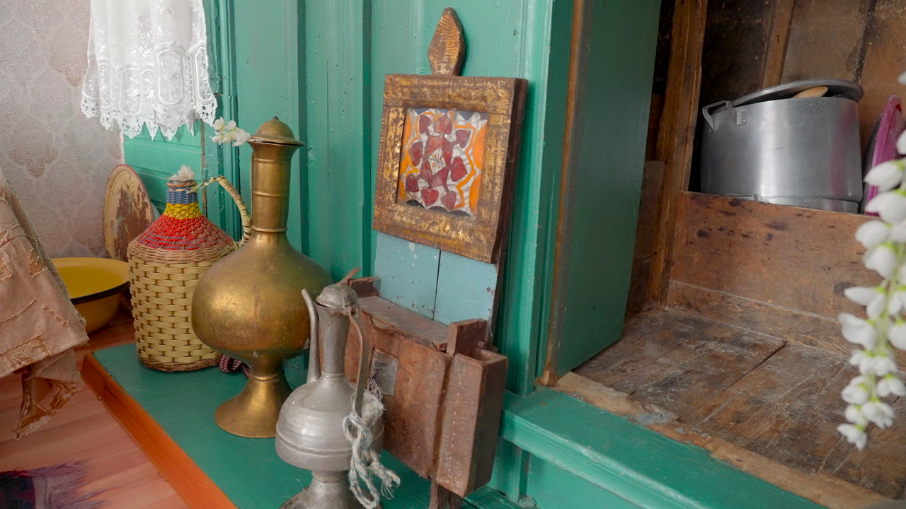 Brass Vessels On Green Windowsill, Vintage Decor And Handcrafted Accents Evoke Warm Rustic Atmosphere Antique