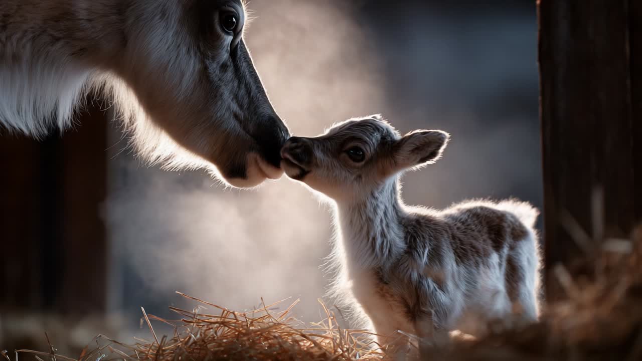 A tender moment captured between a mother reindeer and her adorable newborn calf, enveloped in soft sunlight and the serene atmosphere of a barn, showcasing the beauty of wildlife and maternal bond