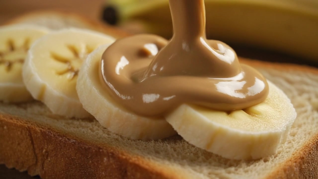 Burro d'arachidi cremoso versato su banana a fette su toast