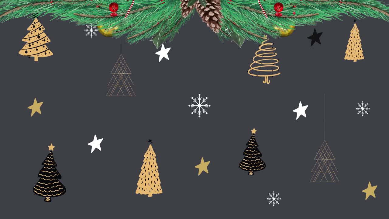 animación de abeto con decoraciones sobre árboles de navidad y estrellas sobre fondo negro