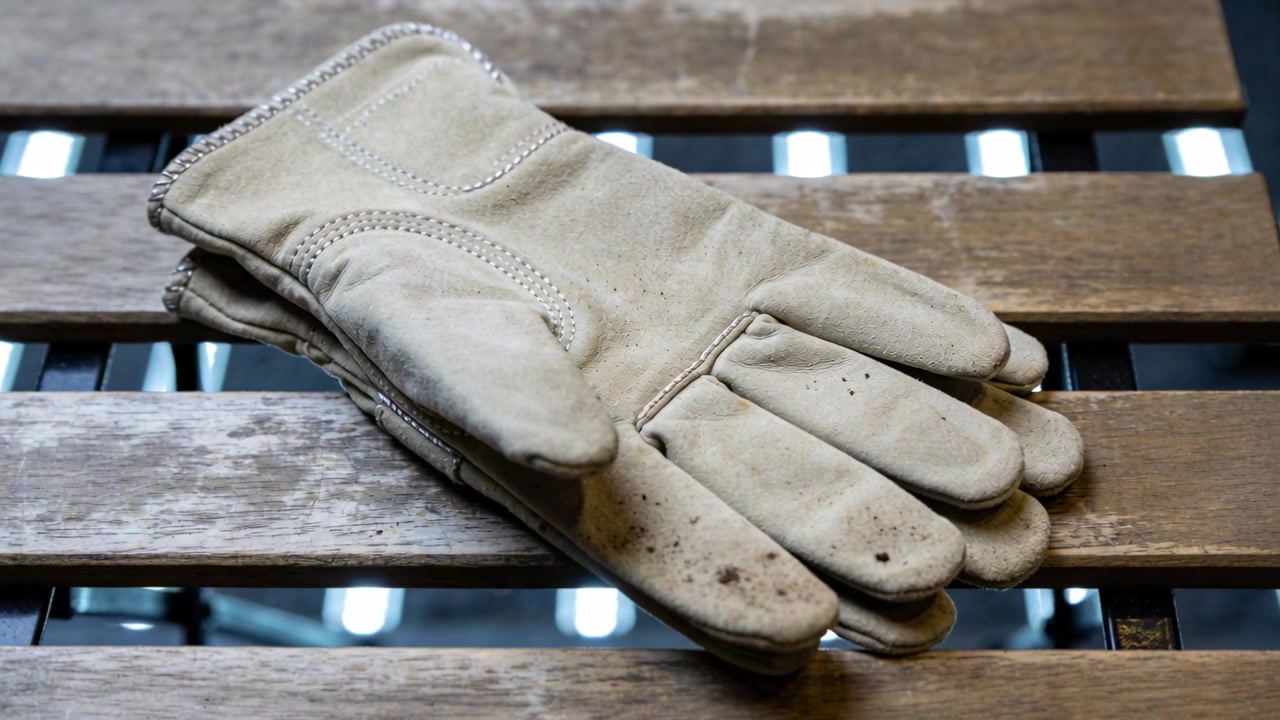 La caméra affine la mise au point, révélant des gants de travail en cuir beige empilés sur un banc à lattes, présentant des trous.