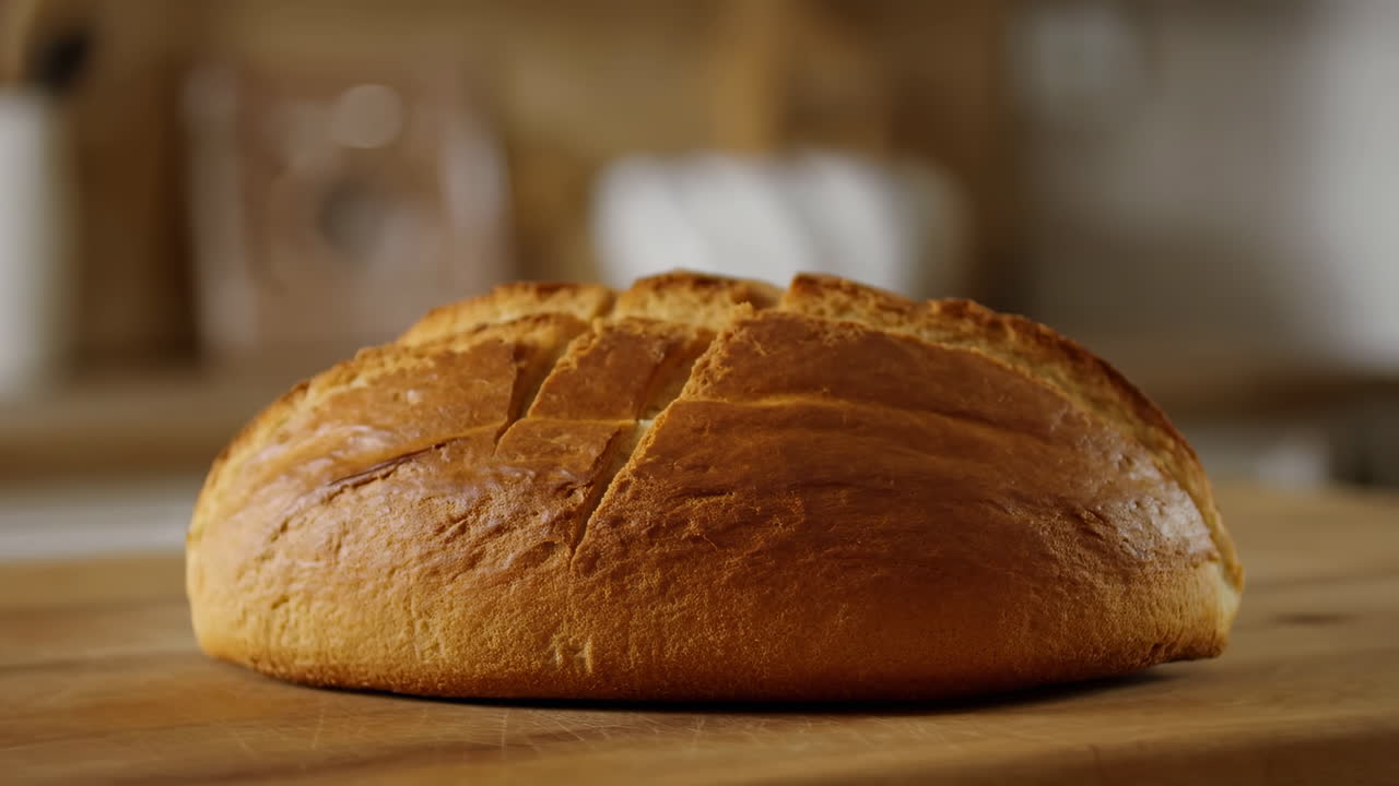 Fresh Artisan Loaf On Wooden Board, Warm Kitchen Background, Golden Crust With Scored Top, Soft Natural Light,