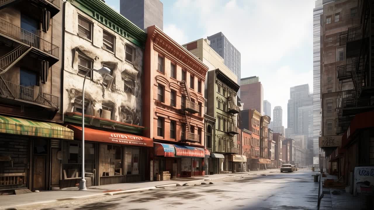 Vintage buildings in sunlight. Old buildings with unique architecture line a quiet street, illuminated by morning light in a bustling city.